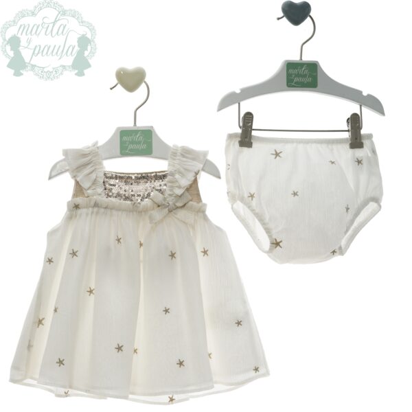 Marta y Paula, Vestido Bebé Estrelladas Doradas Familia Cibeles